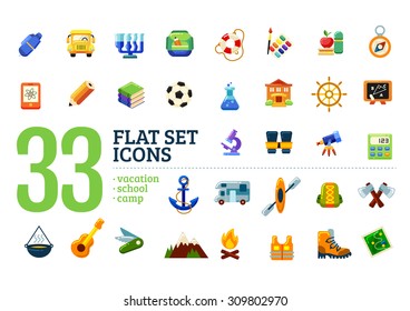 Flat set icons. Vacation. School. Camp.