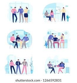 Flat set of icons with various business meeting scenes isolated on white background vector illustration