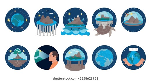 Conjunto plano de iconos con varias teorías terrestres aisladas en ilustración vectorial de fondo blanco