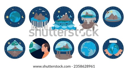 Flat set of icons with various earth theories isolated on white background vector illustration