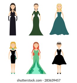 Flat Set of icons of women in full growth in different outfits.Girls in evening dresses. Stock vector.