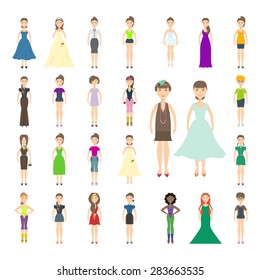Flat Set of icons of women in full growth in different outfits. Different professions and life styles (hipster, a businesswoman, a waitress, a pregnant woman, etc.). Stock vector.