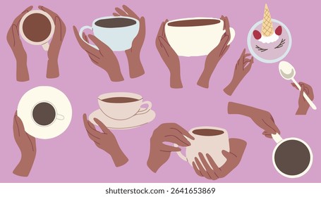 Flat set illustrations of hands with dark skin holding cups. Vector icons isolated on green background.