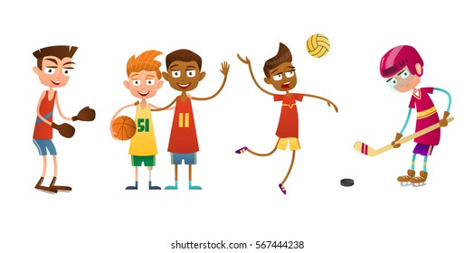 Flat set of kids doing different types of sports. The boy volleyball player, boxer and hockey player. Two other boys basketball.