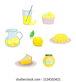 Flat  set of lemon food and drinks. Bright yellow citrus fruit. Tasty desserts and fresh lemonade