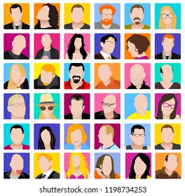 Flat set line of colorful icons collection of people avatars for profile page, social network, social media, different age man and woman characters, professional human occupation, portfolio.