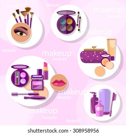 Flat set makeup products mascara eyebrow pencil brushes eyeshadow lipstick lip gloss lip liner eyeliner sponge powder blush vector illustration 
