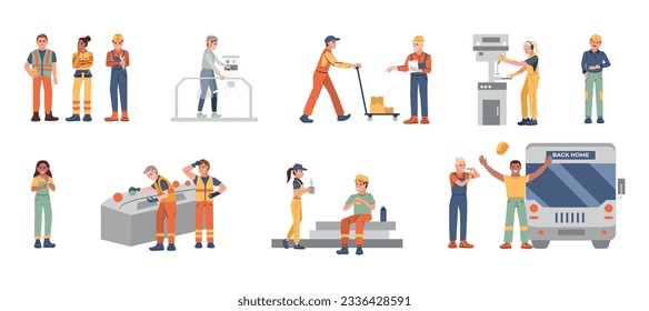 Flat set of male and female factory workers in uniform isolated vector illustration