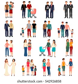 Flat set of male and female homosexual couples and families with children isolated on white background vector illustration