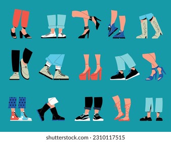 Juego plano de piernas macho y hembra con zapatos zapatos zapatos tacones zapatos zapatos zapatos zapatos zapatillas aisladas en color fondo ilustración vectorial