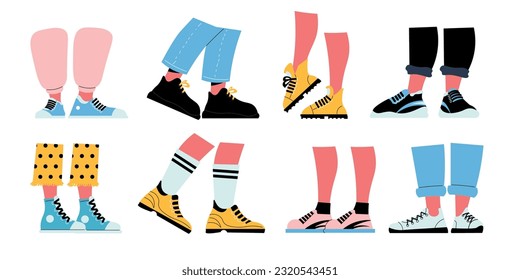 Flat set of male and female legs wearing sport shoes isolated vector illustration