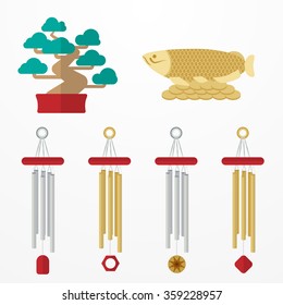 Flat Set mascots Feng Shui elements, symbol: fish, bonsai, coins, wind chime
