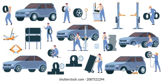 Flat set with mechanics in uniform working at tire service isolated vector illustration