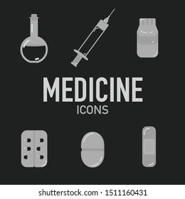 Flat  set of medical icons with pills, 
syringe, salve on black background 