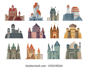 Flat set of medieval castles in different architectural styles on white background isolated vector illustration