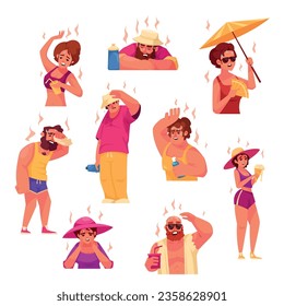 Flat set of men and woman suffering from heatstroke and hot weather isolated vector illustration