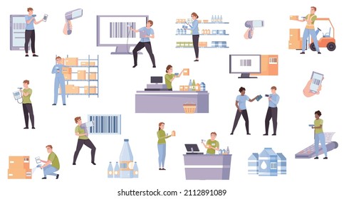 Flat set of men and women scanning barcode at checkout supermarket warehouse with scanners and smartphones isolated vector illustration