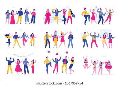 Flat set with men and women wearing evening gowns costumes swimsuits pyjamas dancing at party isolated vector illustration