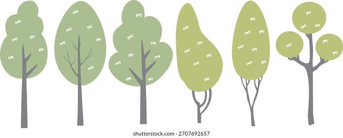 Conjunto plano de árboles minimalistas en verde pastel, árboles de otoño Vector