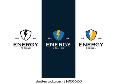Conjunto plano del vector de diseño del logotipo de la energía del escudo moderno