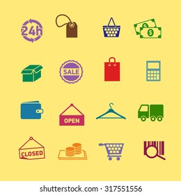 Flat set of modern vector icons and symbols on shopping and e-commerce theme. Vector icons.