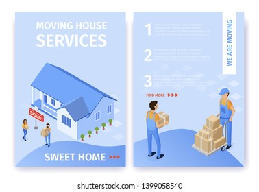 Flat Set Moving House Services Sweet Home Vector. Cleaning Packed Items, Furniture Assembled with Arrangement. Order Transportation and Arrival Movers Pickers Illustration Landing Page.