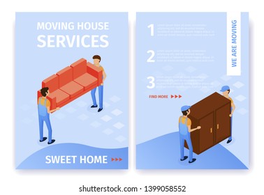 Flat Set Moving House Services Sweet Home Cartoon. Movers Carry and Arrange Furniture. Labor Intensive Workflows as Quickly and Efficiently as Possible. Vector Illustration Landing Page.