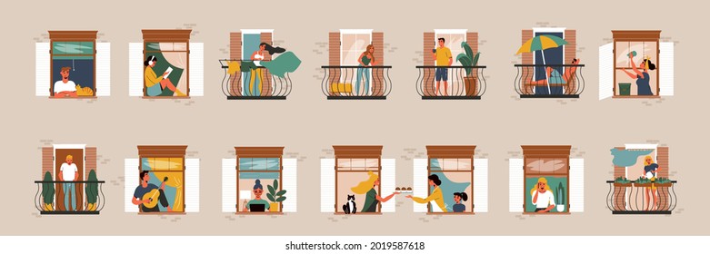 Flat set with neighbours in their windows and on balconies doing various daily activities isolated vector illustration