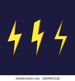 Flat set on yellow lightning on dark blue background. Simple lightning strike sign. Vector eps.
