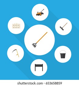 Flat  Set Of Pail, Barbecue, Harrow And Other Vector Objects. Also Includes Brazier, Tool, Scythe Elements.