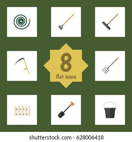 Flat  Set Of Pail, Cutter, Spade And Other Vector Objects. Also Includes Cutter, Scythe, Harrow Elements.