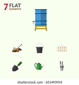 Flat  Set Of Pail, Lawn Mower, Container And Other Vector Objects. Also Includes Shovel, Mower, Tank Elements.