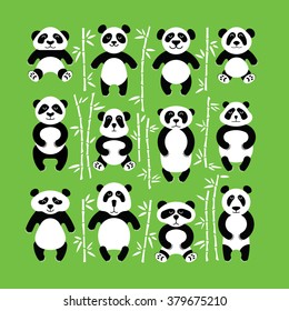 Flat set pandas and bamboo. Cartoon panda bear. Vector flat pandas. Pandas bears isolated on green background. Adorable animal. Vector cute panda bear.