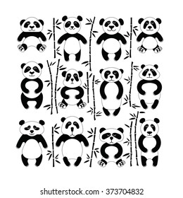 Flat set of pandas surrounded by bamboo. Different cartoon images. Made in vector, easy recolor.
