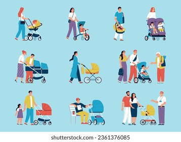 Flat set of parents walking with baby carriages isolated on color background vector illustration