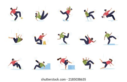 Flat set of people falling down stairs into sewer hatch off stool slipping on banana peel stumbling isolated vector illustration