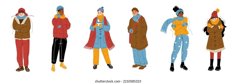 Flat set of people feeling cold or sick isolated on white background. Vector illustration of young men and women wearing warm coats, hats, scarves, trembling, drinking hot tea in chilly winter weather