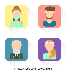 Flat Set of people icons. Male and female doctors. The dentist, internist, head of the department, ottolaringolog. Stock vector.