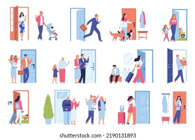 Flat Set Of People Leaving Home Waving And Saying Goodbye To Family Members Isolated Vector Illustration