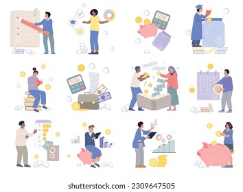 Flat set of people planning their budget and developing financial literacy skills isolated vector illustration