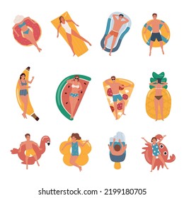 Flat set of people relaxing on various inflatable toys top view isolated vector illustration