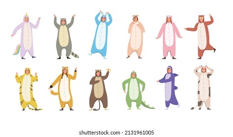 Flat set of people wearing colorful kigurumi pyjamas representing animals isolated on white background vector illustration