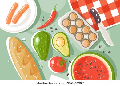 Productos planos de picnic con pan, sandía, huevo, salchicha, tomate, papel. Concepto de fiesta para el almuerzo y las vacaciones, salud. Ilustración vectorial.