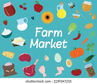 Flat set with products from the farm market on a blue background. Poster with products made on the farm. Background with pickles, jam, vegetables and animal products