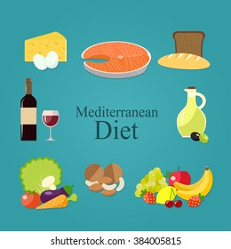 flat set of products of the Mediterranean diet. vector illustration
