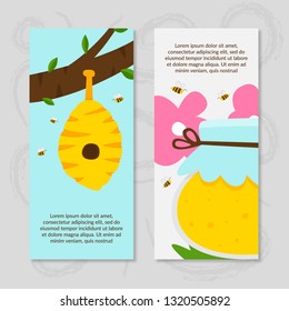Flat Set Puddle with Wild Bees and Honey in Jar. Vector Illustration on Blue and White Background. Bees Fly Near their Evidence Bring Pollen. Homemade Flower Honey in Beautiful Glassware.