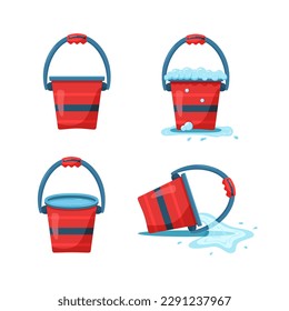 Flat set of red buckets on square background. Empty, filled with water and foam and water pouring out. Vector cartoon illustration in bright colors. Plastic or metal container for poster or concept