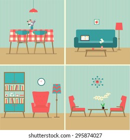 flat set retro living room interior . vector illustration