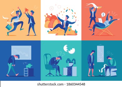 Flat Set With Rich Successful Businessman And Frustrated Loser Without Money Isolated Vector Illustration