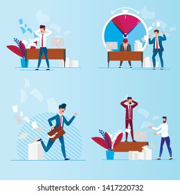 Flat Set Rush and Deadlines Vector Illustration. Office Workers and Employee are Hurry to Complete their Tasks and Goals. Emotional Stress at Work Increases as Deadlines Approach Cartoon.